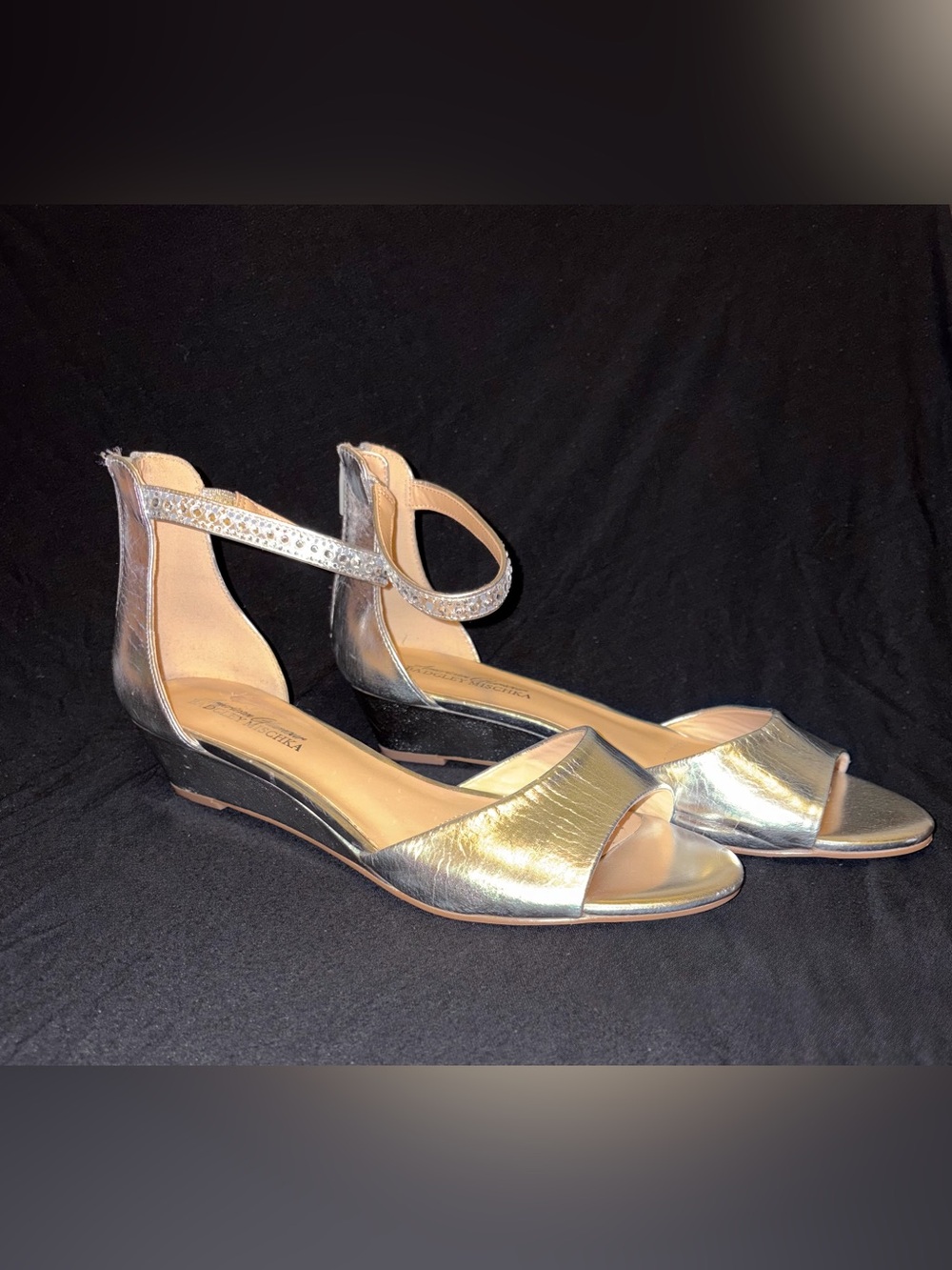American Glamour by Badgley Mischka peep-toe wedge with rhinestone ankle strap